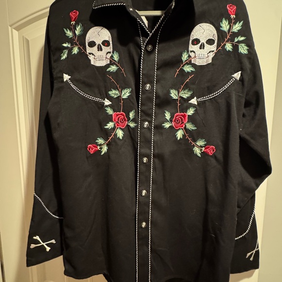 Scully Other - Scully Black Western Shirt with Red Rose & White Skull Embroidery